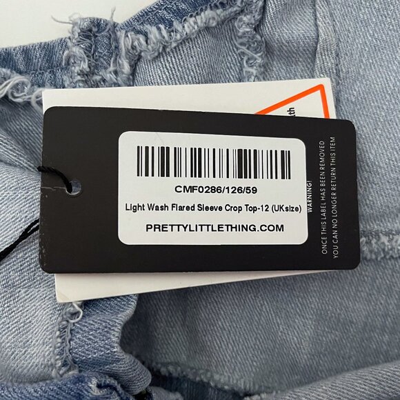 Prettylittlething Size 8 Light Wash Flare Sleeve Demin Crop Top NWT - Picture 6 of 7